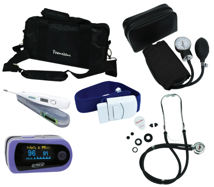Kit acadêmico com Estetoscópio e Esfigmomanômetro Preto Temômetro digital